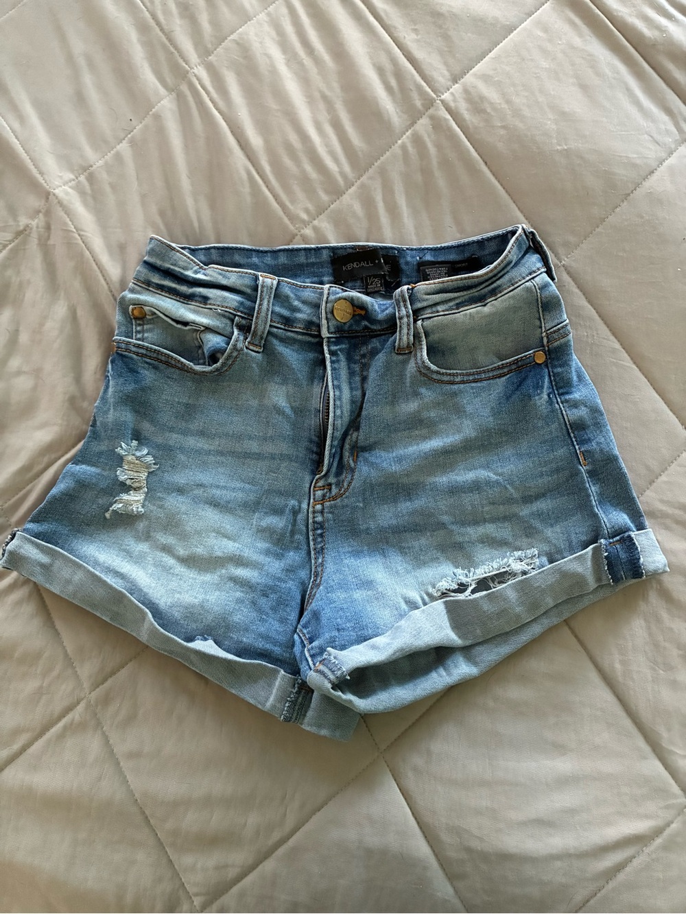 Kendall & Kylie Light Blue Distressed Rolled Hem Denim Shorts